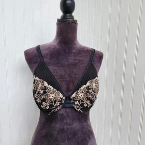Couture By Cabernet Sexy Sheer Lace Black Gold Embroidery Underwire Bra 38D I2